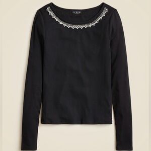 J. Crew Black Long Sleeve Top with Embellished Neckline